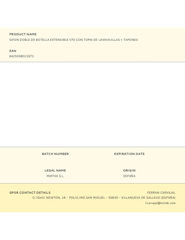 Sifon doble de botella extensible v70 con toma de lavavajillas + tapones