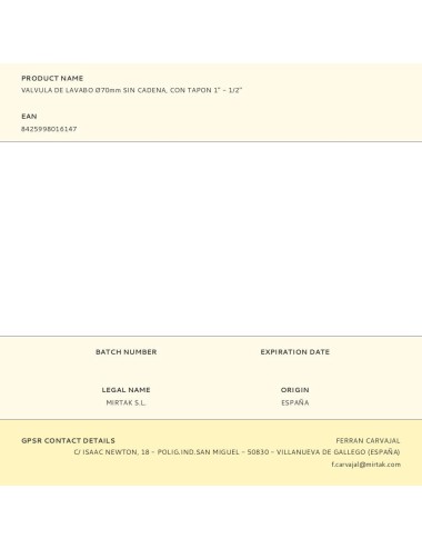 Valvula de lavabo ø70mm sin cadena, con tapon 1" - 1/2"