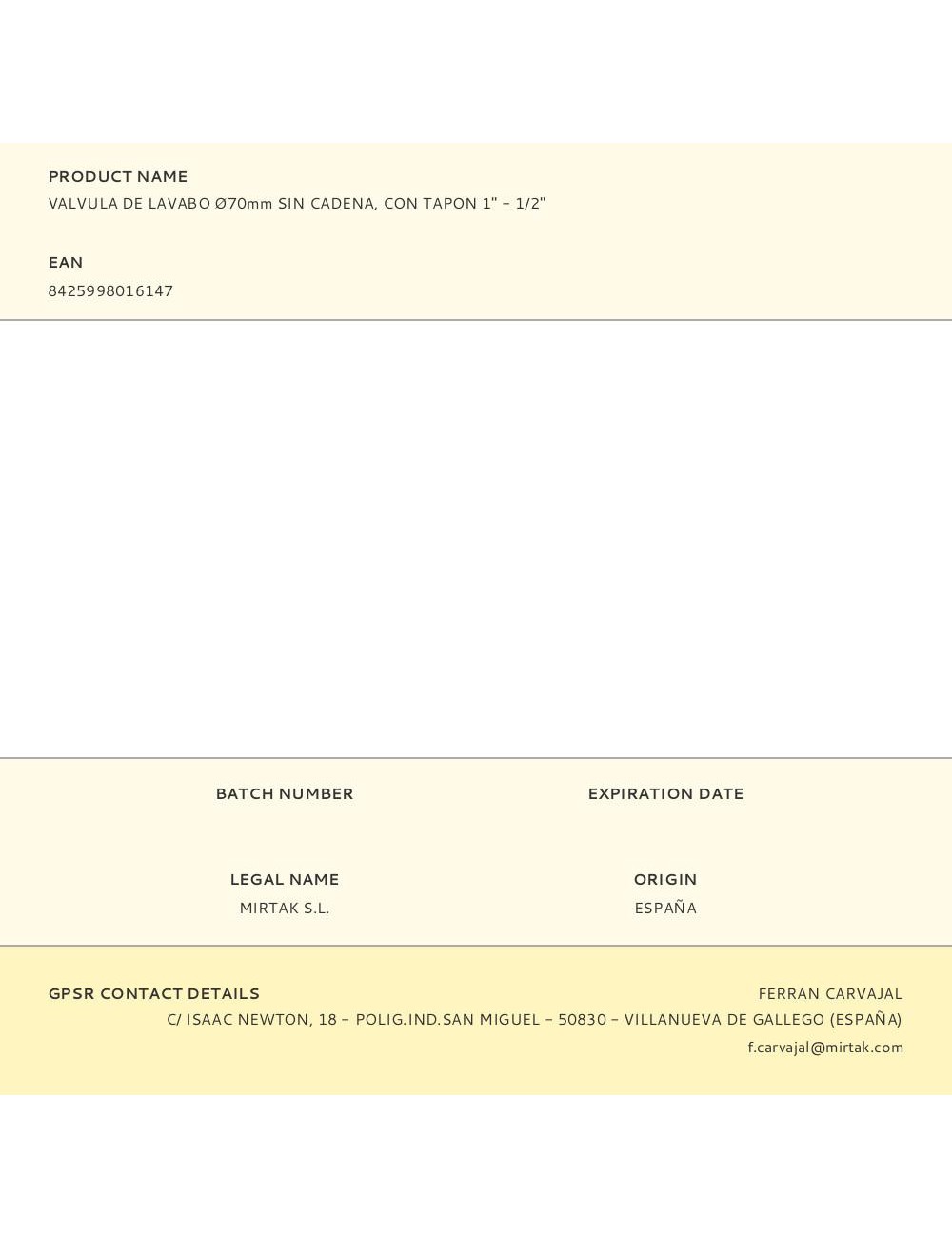 Valvula de lavabo ø70mm sin cadena, con tapon 1" - 1/2"