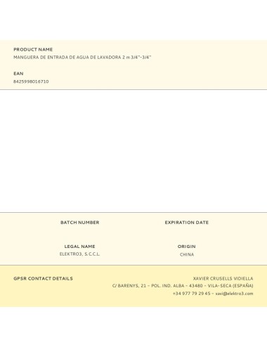 Manguera de entrada de agua de lavadora 2 m 3/4"-3/4"