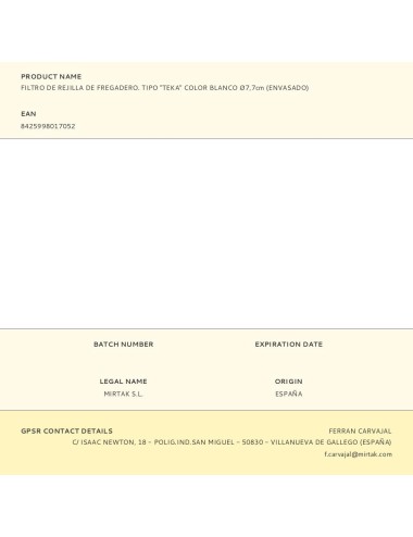 Filtro de rejilla de fregadero. tipo "teka" color blanco ø7,7cm (envasado)