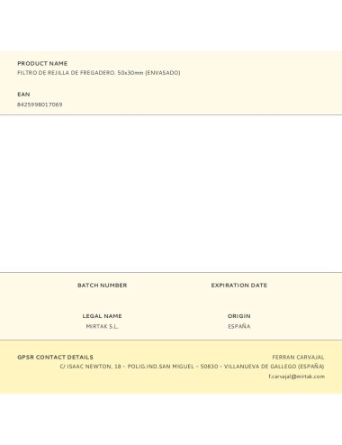 Filtro de rejilla de fregadero. 50x30mm (envasado)