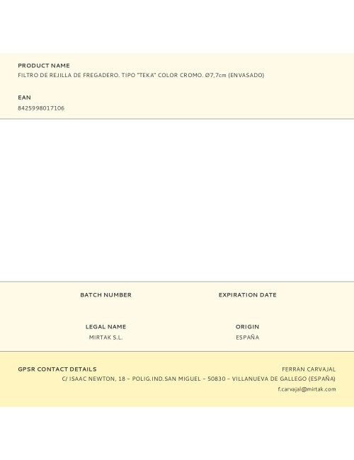 Filtro de rejilla de fregadero. tipo "teka" color cromo. ø7,7cm (envasado)