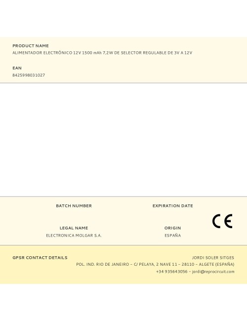 Alimentador electrónico 12v 1500 mah 7,2w de selector regulable de 3v a 12v