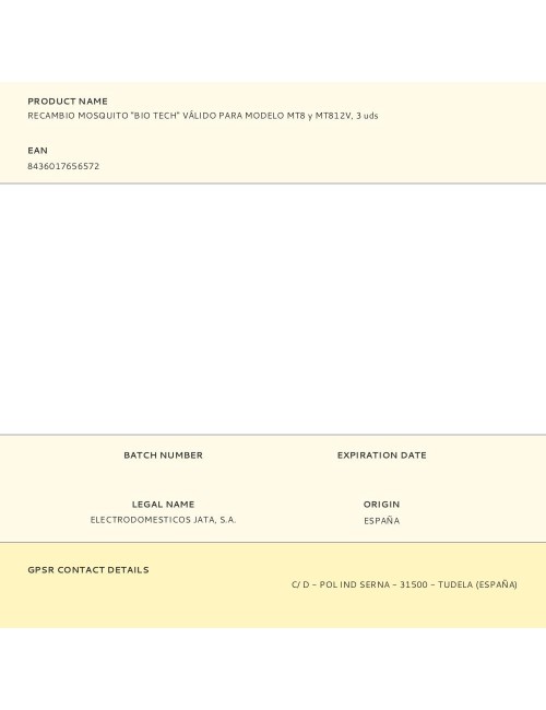 Recambio mosquito "bio tech" válido para modelo mt8 y mt812v, 3 uds