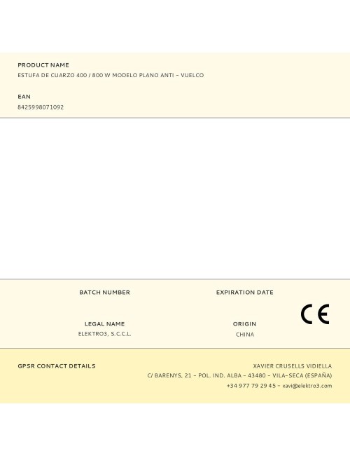 Estufa de cuarzo 400 / 800 w modelo plano anti - vuelco