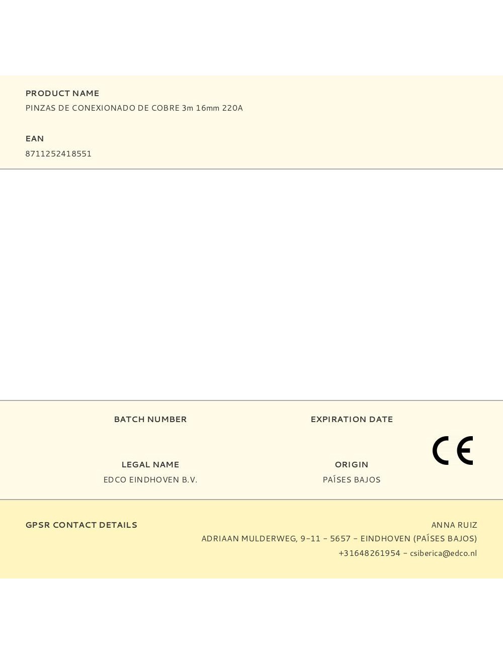 Pinzas de conexionado de cobre 3m 16mm 220a