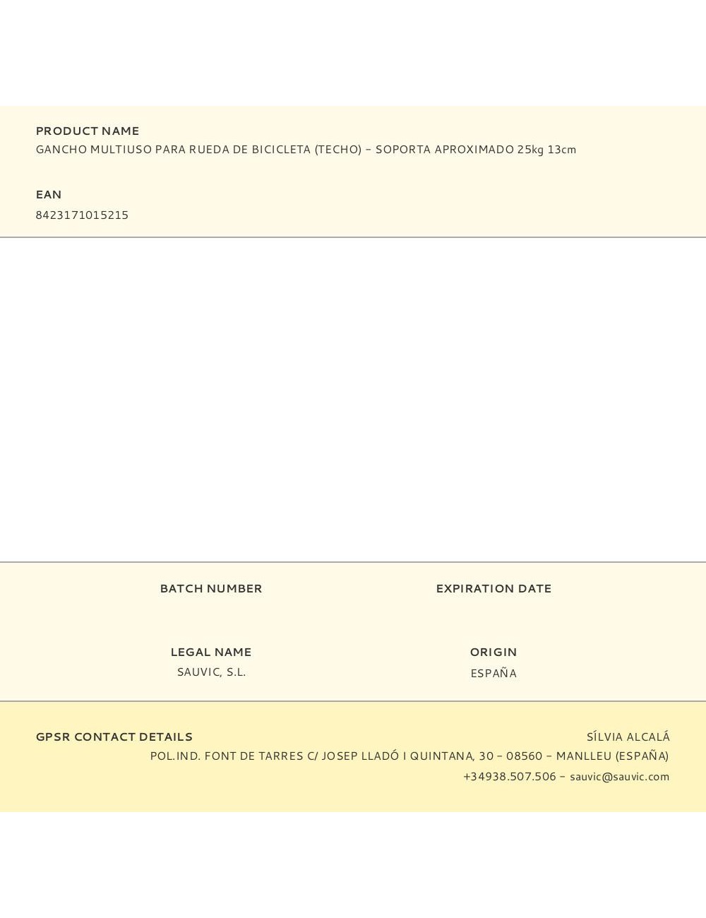 Gancho multiuso para rueda de bicicleta (techo) - soporta aproximado 25kg 13cm