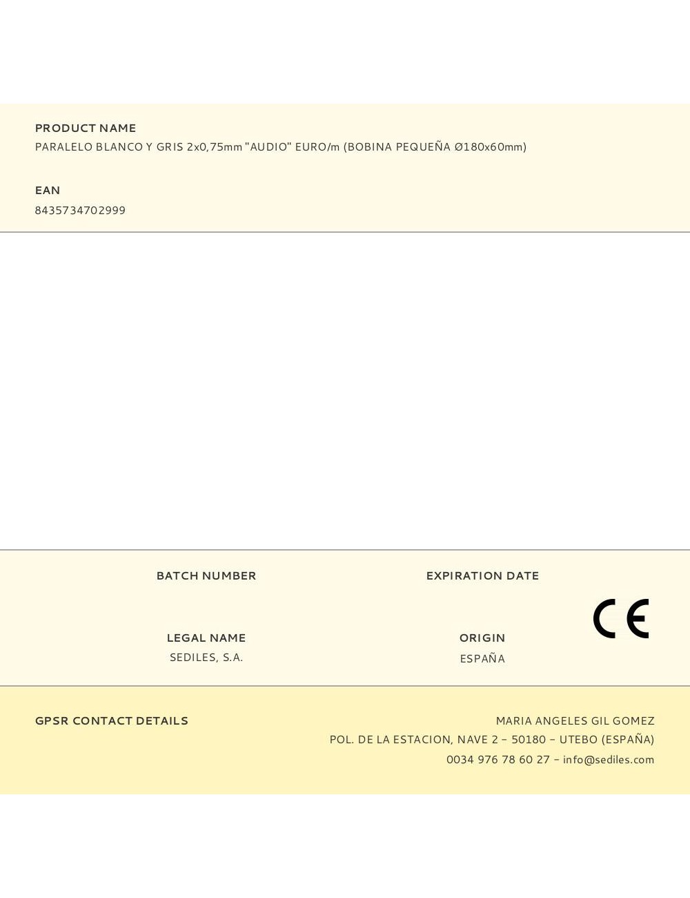 Paralelo blanco y gris 2x0,75mm "audio" euro/m (bobina pequeña ø180x60mm)