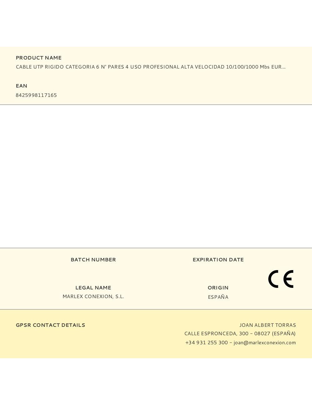 Cable utp rigido categoria 6 n° pares 4 uso profesional alta velocidad 10/100/1000 mbs euro/m