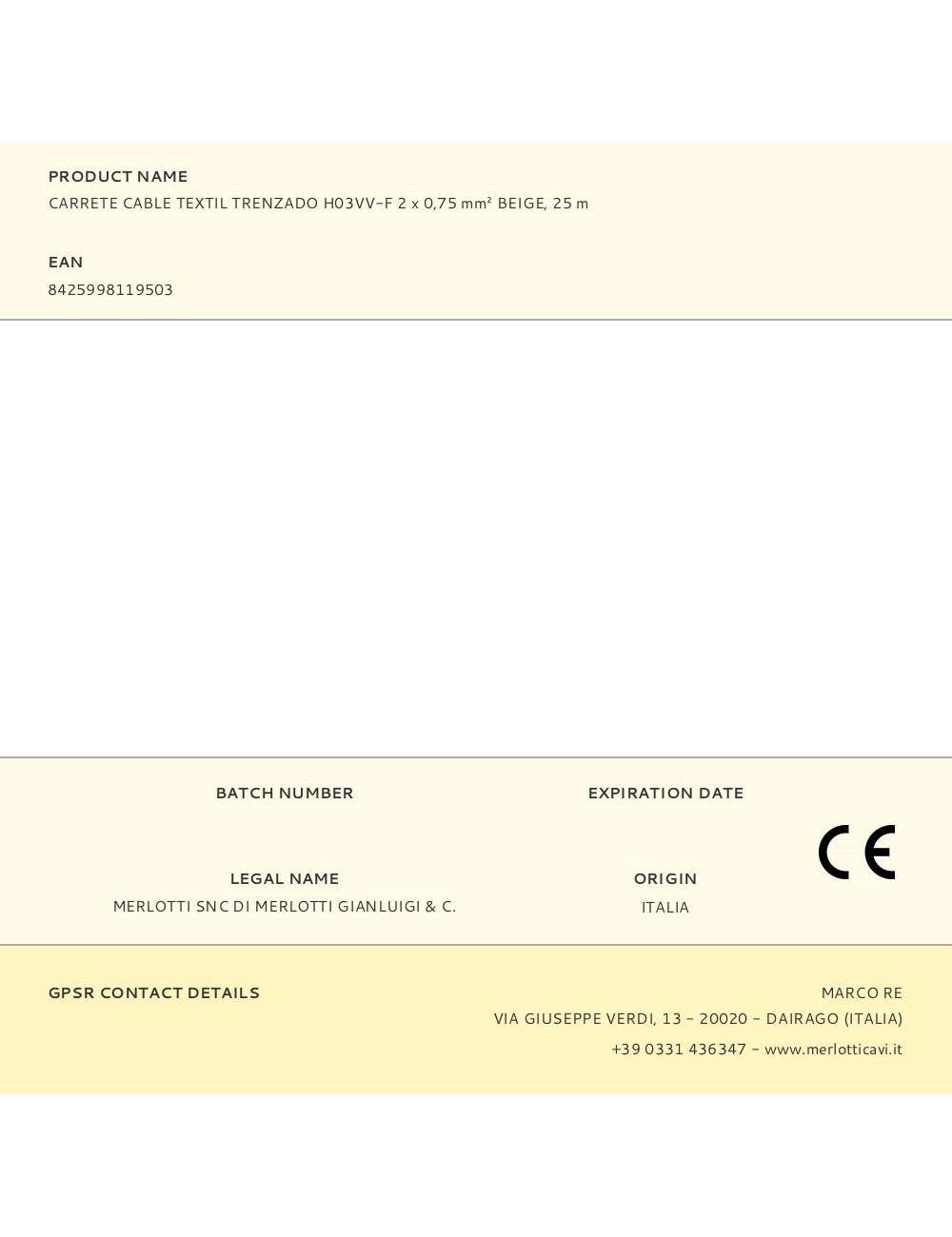 Carrete cable textil trenzado h03vv-f 2 x 0,75 mm beige, 25 m