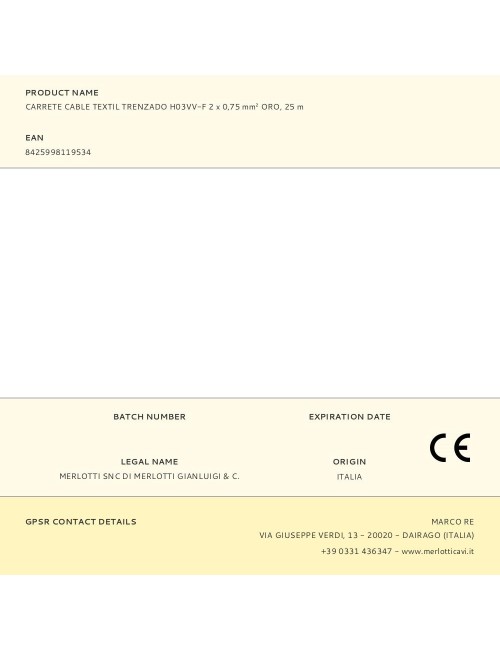 Carrete cable textil trenzado h03vv-f 2 x 0,75 mm oro, 25 m