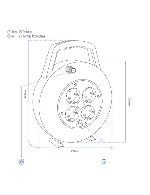 Enrollacables 10 m 3 g 1,00 mm 4 tomas bipolares con t/tl hogar con protector termico