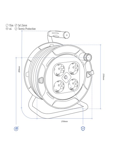 Enrollacables 15 m 3 g 1,50 mm 4 tomas bipolares con t/tl profesional con protector termico