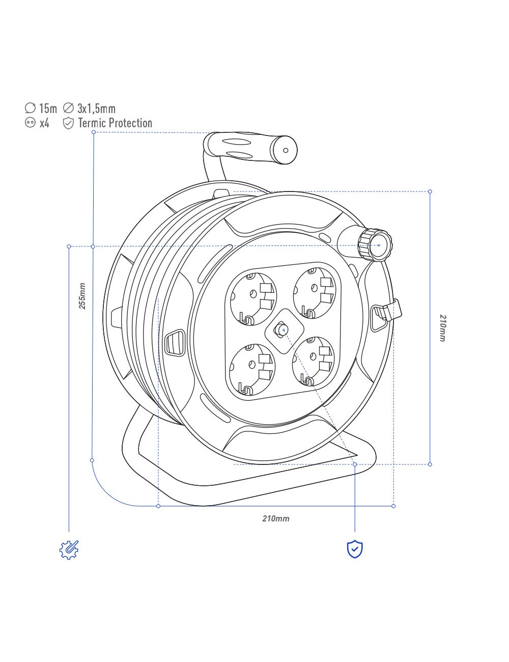 Enrollacables 15 m 3 g 1,50 mm 4 tomas bipolares con t/tl profesional con protector termico