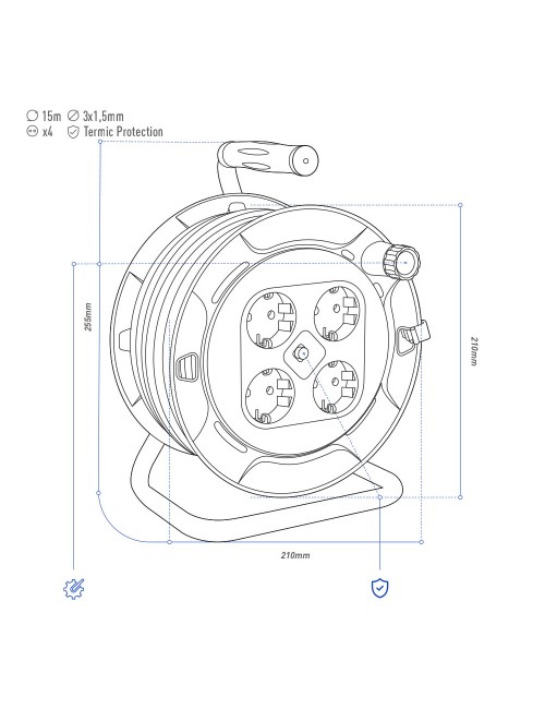 Enrollacables 15 m 3 g 1,50 mm 4 tomas bipolares con t/tl profesional con protector termico