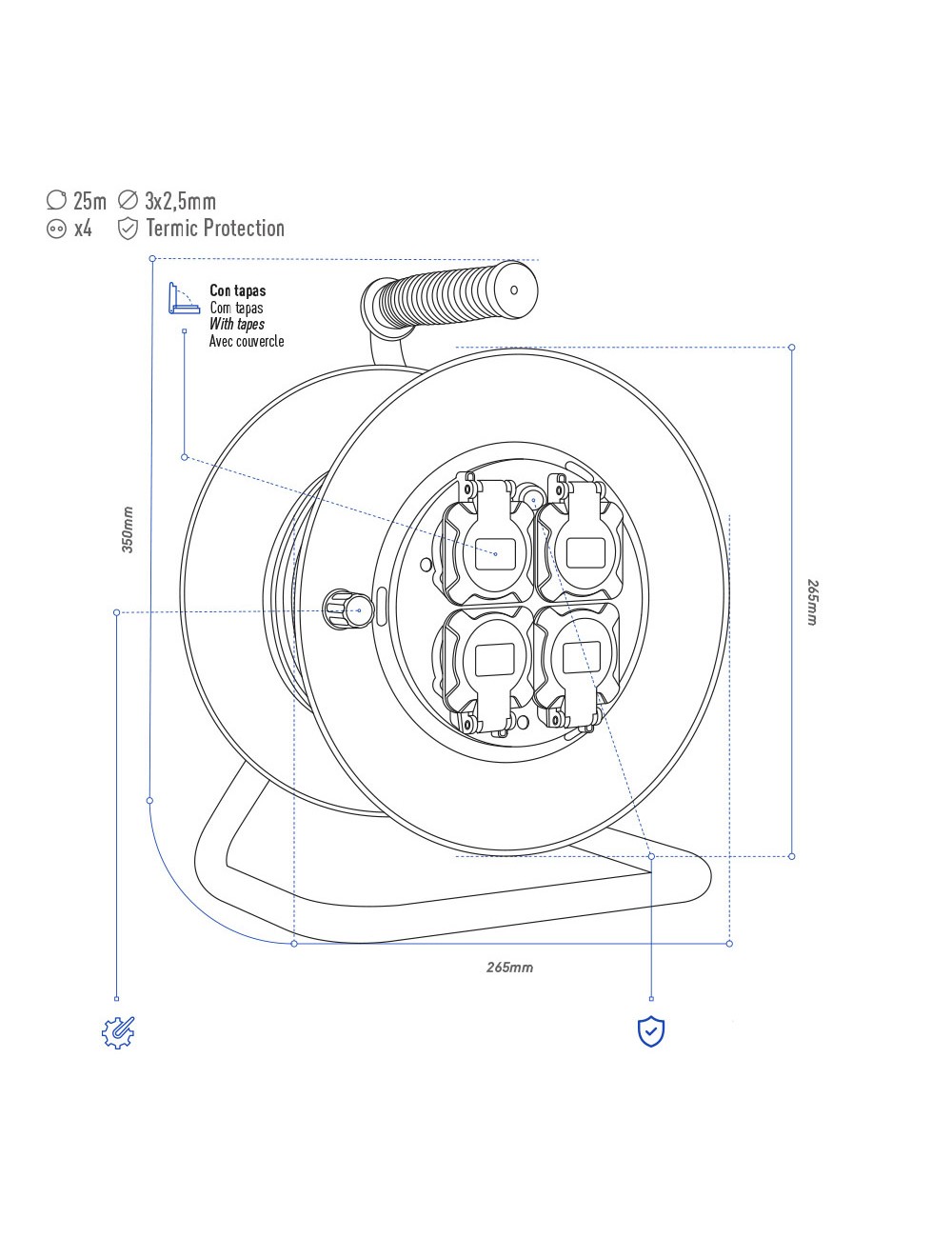 Enrollacables 25 m 3 g 2,50 mm 4 tomas bipolares con t/tl con tapas profesional con protector termico 3000w 230v