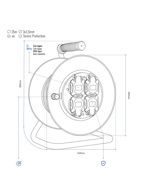 Enrollacables 25 m 3 g 2,50 mm 4 tomas bipolares con t/tl con tapas profesional con protector termico 3000w 230v