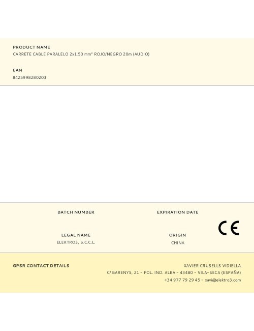 Carrete cable paralelo 2x1,50 mm rojo/negro 20m (audio)