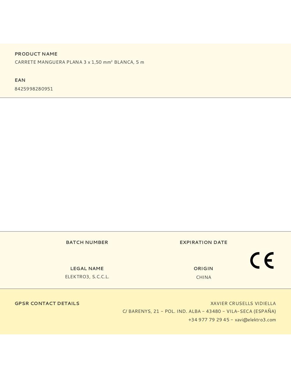 Carrete manguera plana 3 x 1,50 mm blanca, 5 m