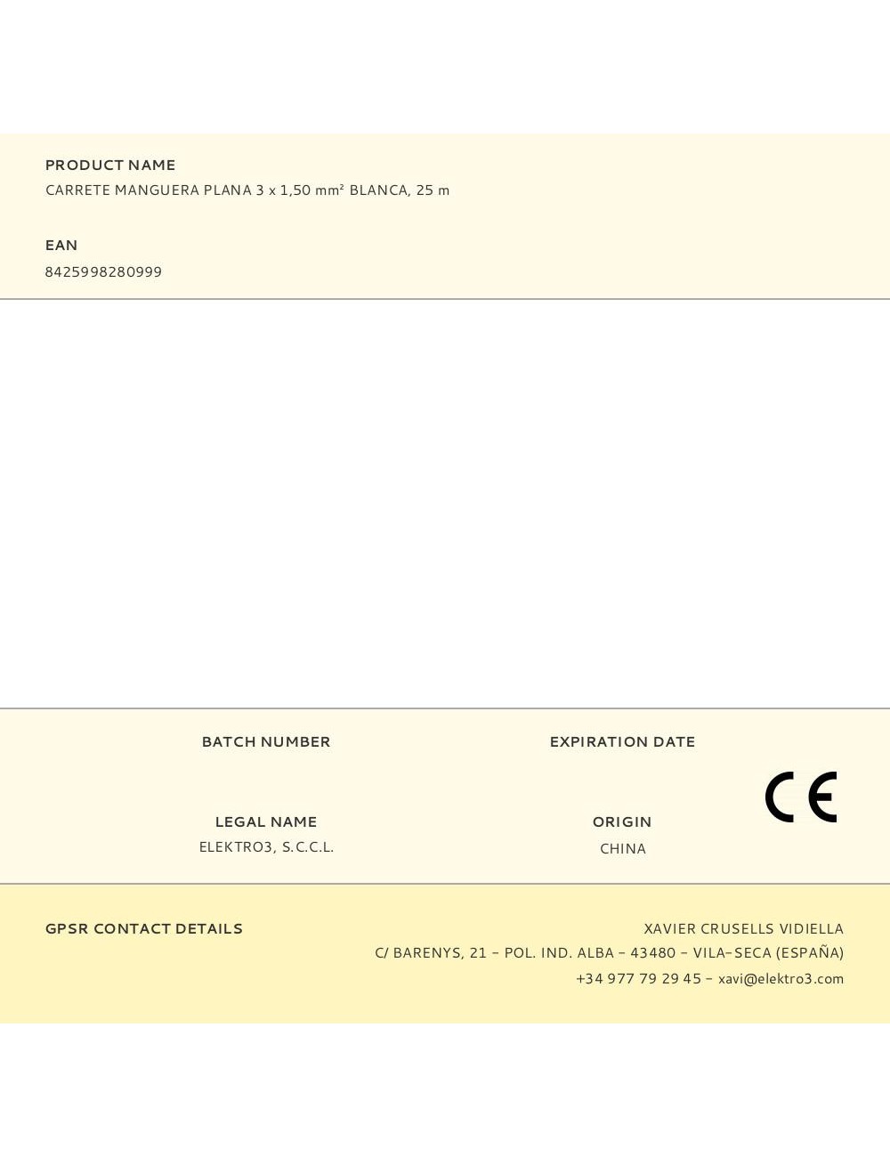 Carrete manguera plana 3 x 1,50 mm blanca, 25 m