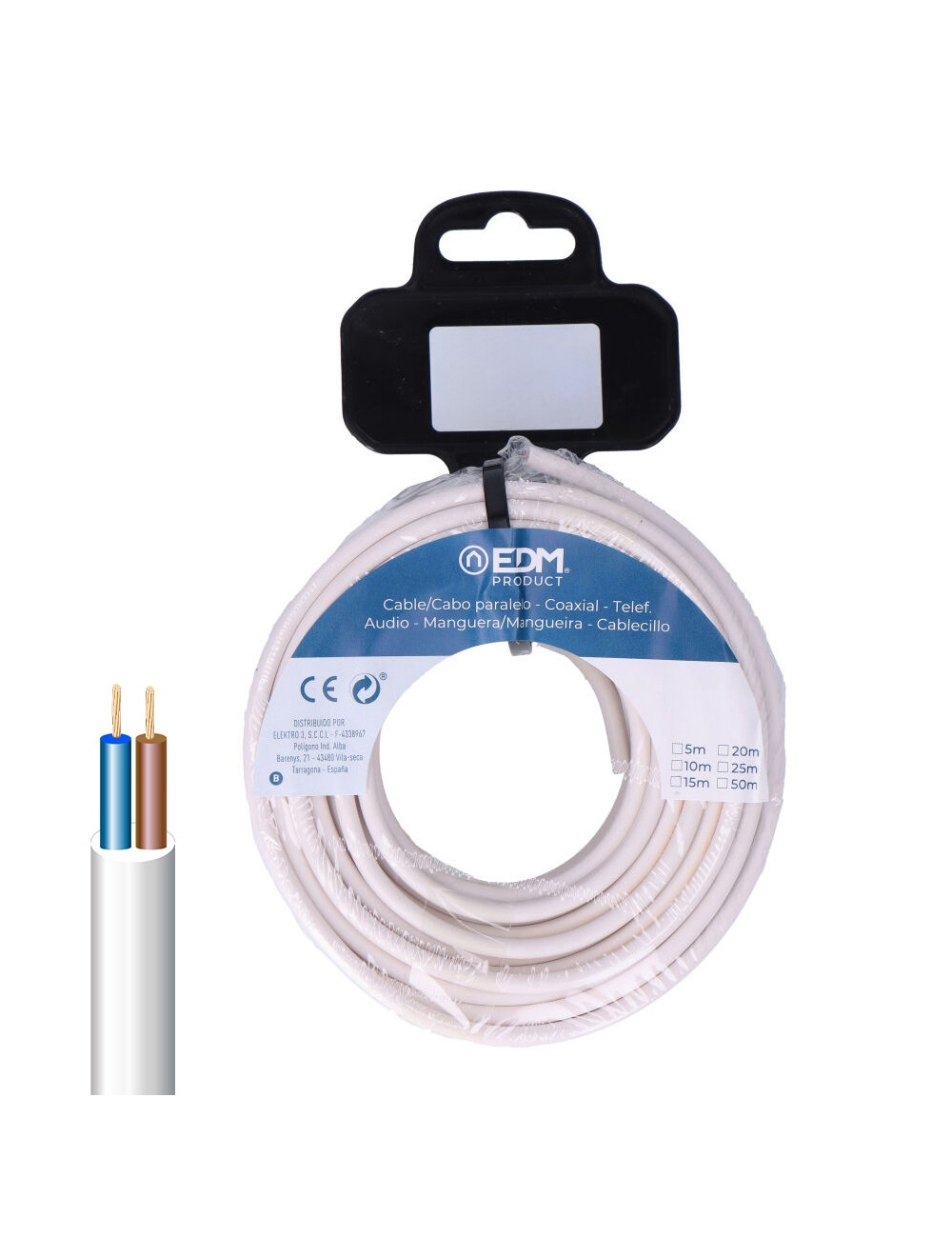 Carrete manguera tubular h05vv-f 2 x 0,75 mm blanca, 15 m