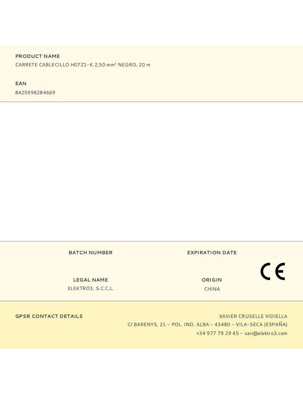 Carrete cablecillo h07z1-k 2,50 mm negro, 20 m