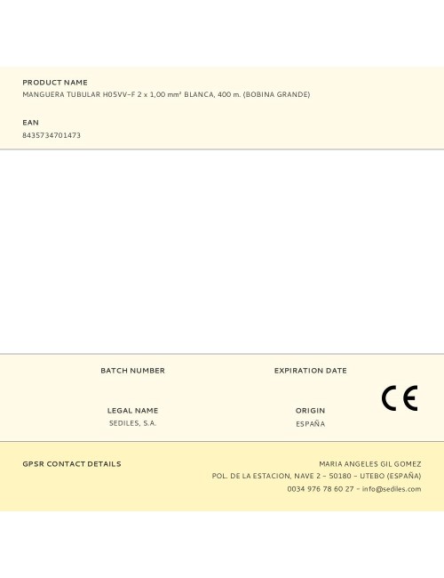 Manguera tubular h05vv-f 2 x 1,00 mm blanca, 400 m. (bobina grande)