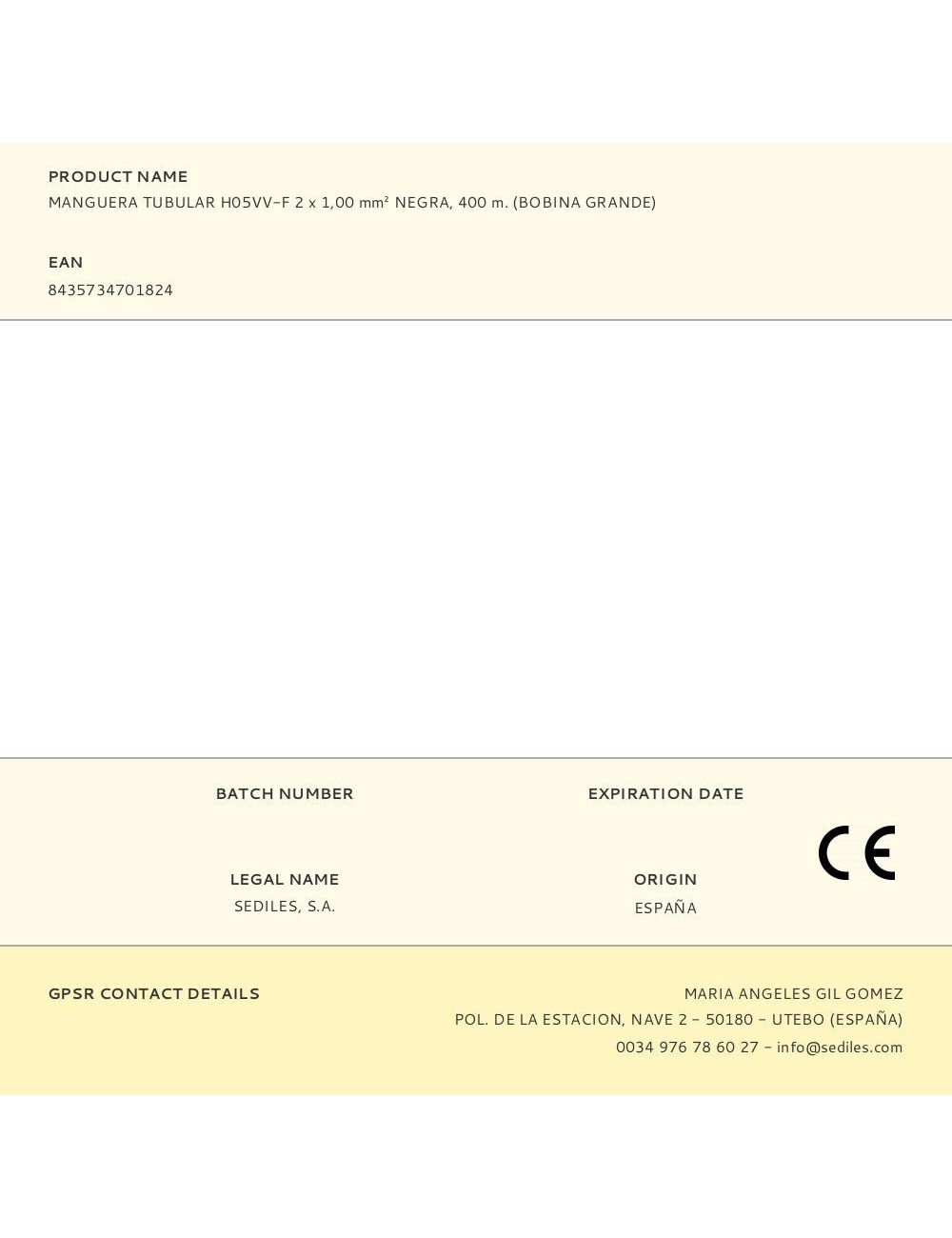 Manguera tubular h05vv-f 2 x 1,00 mm negra, 400 m. (bobina grande)