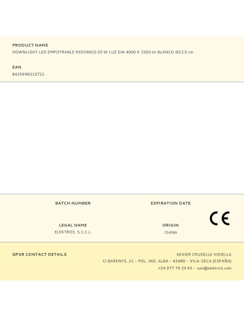 Downlight led empotrable redondo 20 w luz día 4000 k 1500 lm blanco ø22,5 cm