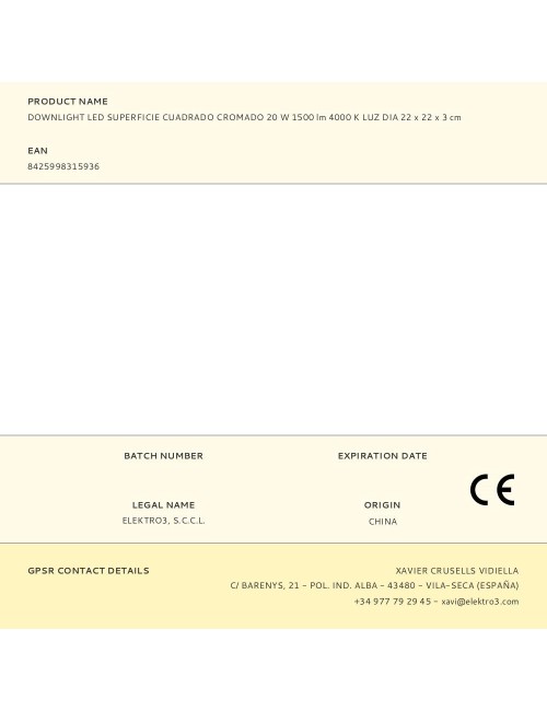 Downlight led superficie cuadrado cromado 20 w 1500 lm 4000 k luz dia 22 x 22 x 3 cm