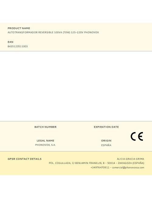 Autotransformador reversible 100va (70w) 125-220v phonovox