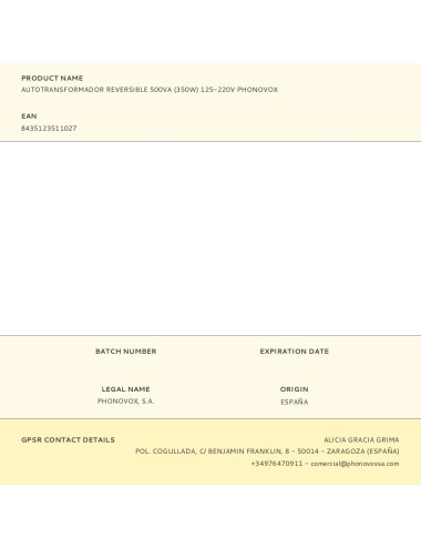 Autotransformador reversible 500va (350w) 125-220v phonovox