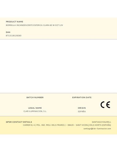 Bombilla incandescente esferica clara 60 w e27 12v