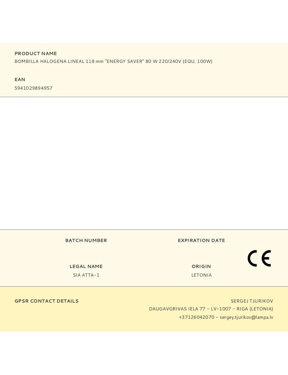 Bombilla halogena lineal 118 mm "energy saver" 80 w 220/240v (equ. 100w)