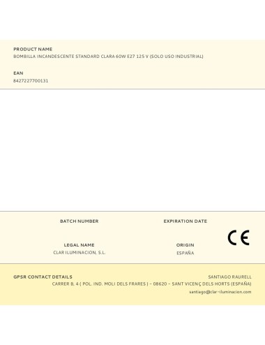 Bombilla incandescente standard clara 60w e27 125 v (solo uso industrial)