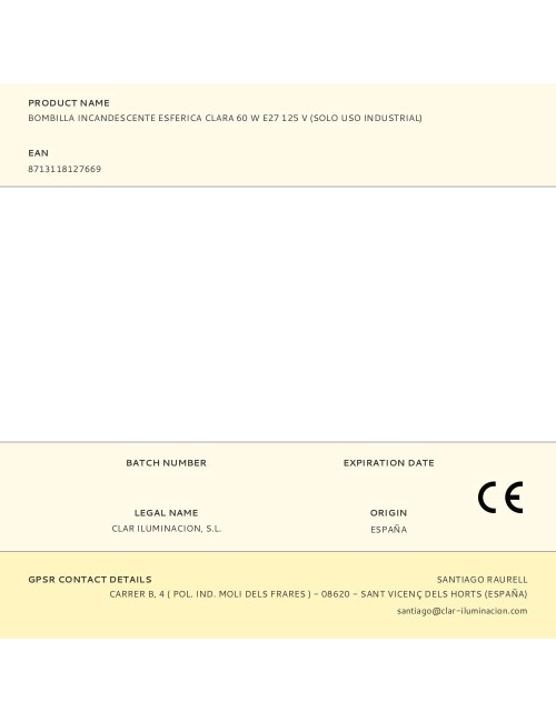 Bombilla incandescente esferica clara 60 w e27 125 v (solo uso industrial)