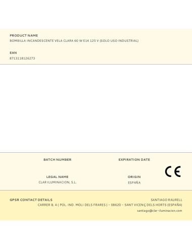 Bombilla incandescente vela clara 60 w e14 125 v (solo uso industrial)