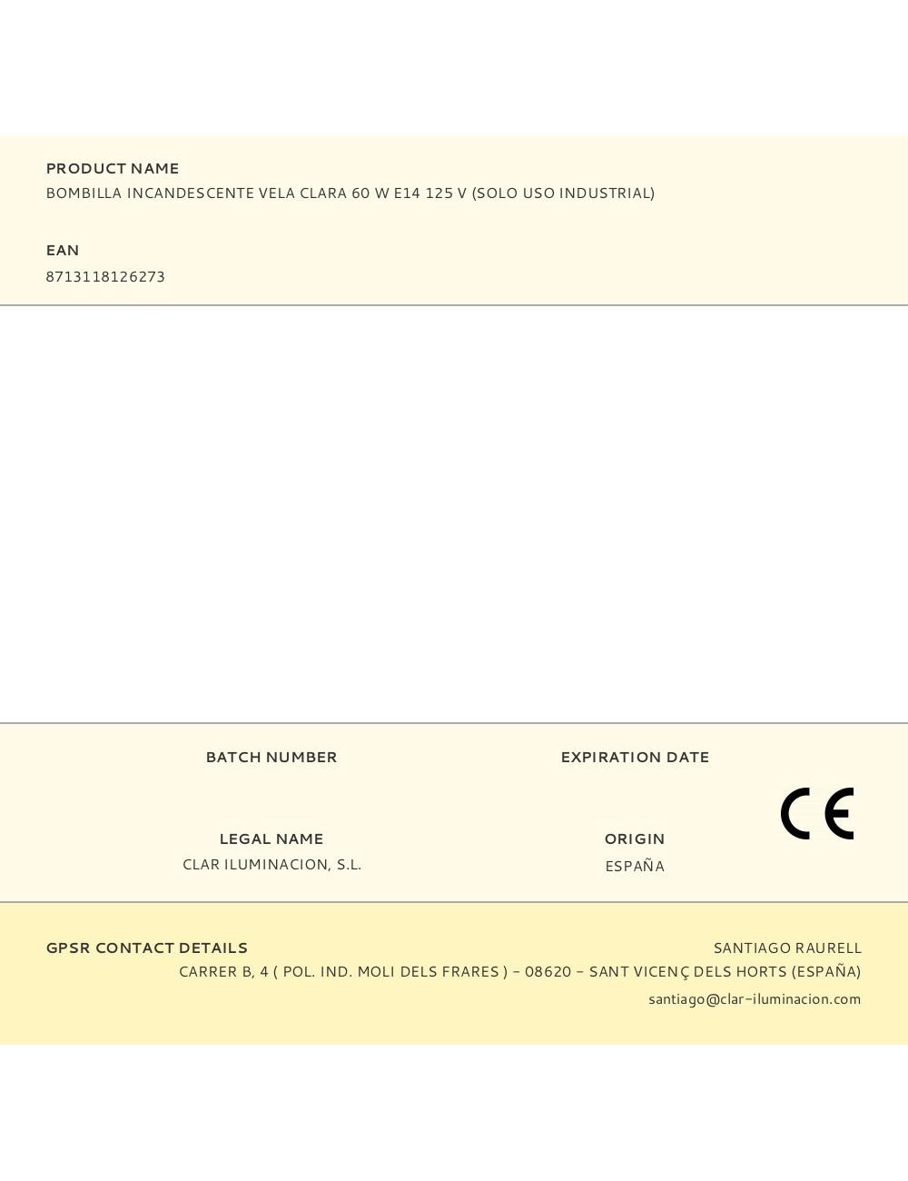 Bombilla incandescente vela clara 60 w e14 125 v (solo uso industrial)