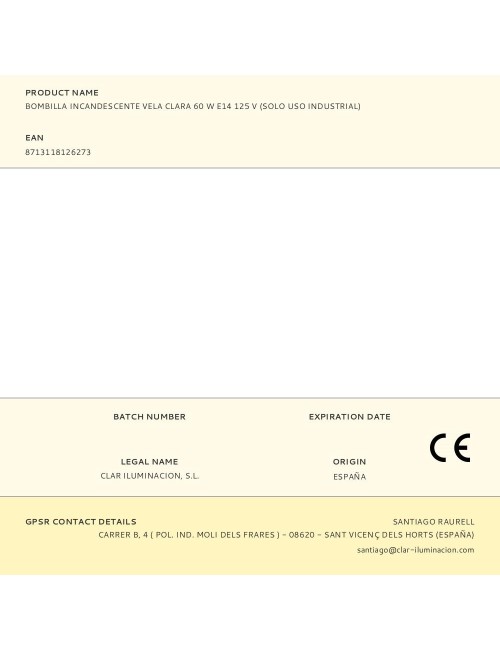 Bombilla incandescente vela clara 60 w e14 125 v (solo uso industrial)