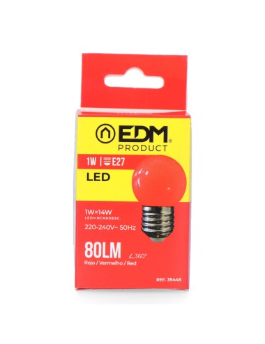 Bombilla esferica led e27 1 w 80 lm luz roja ø45 x 69 mm