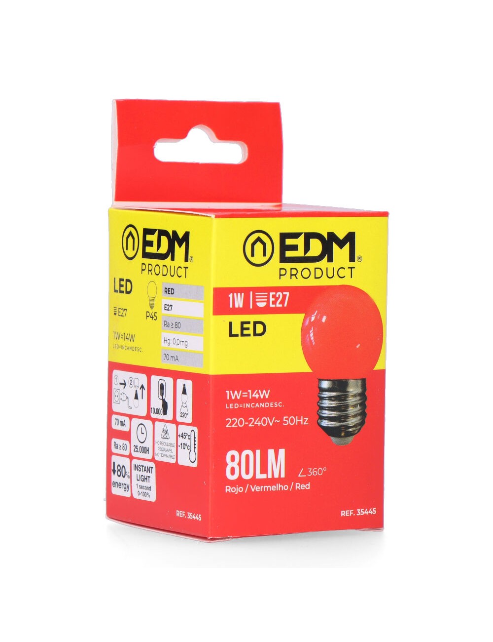 Bombilla esferica led e27 1 w 80 lm luz roja ø45 x 69 mm
