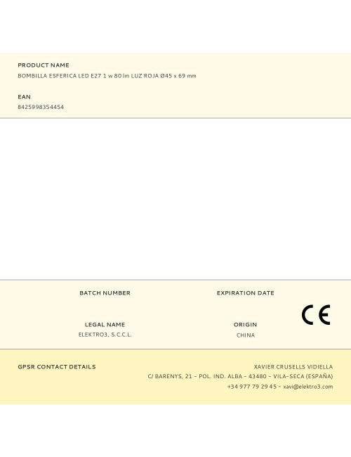 Bombilla esferica led e27 1 w 80 lm luz roja ø45 x 69 mm