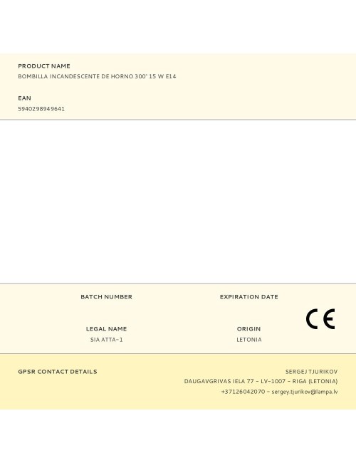 Bombilla incandescente de horno 300° 15 w e14