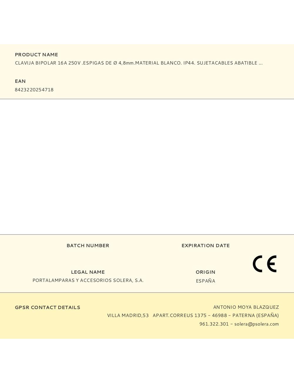 Clavija bipolar 16a 250v .espigas de ø 4,8mm.material blanco. ip44. sujetacables abatible 5706ckb solera