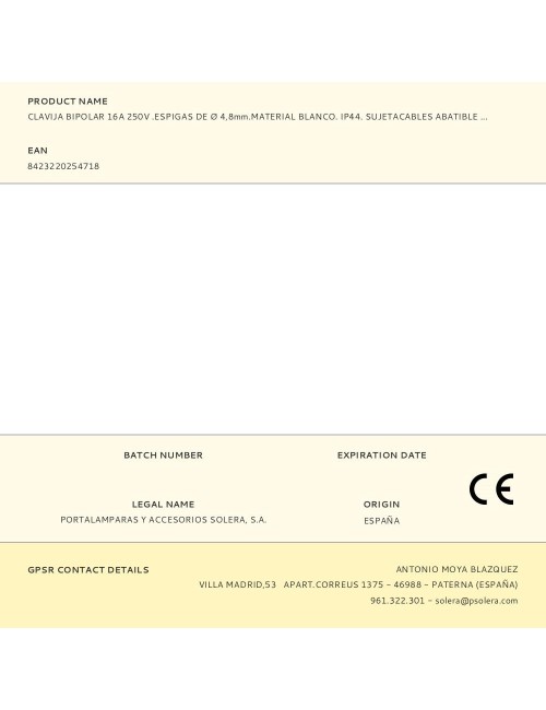 Clavija bipolar 16a 250v .espigas de ø 4,8mm.material blanco. ip44. sujetacables abatible 5706ckb solera