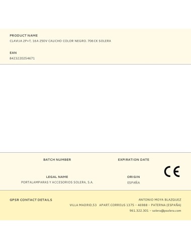 Clavija 2p+t, 16a 250v caucho color negro. 706ck solera