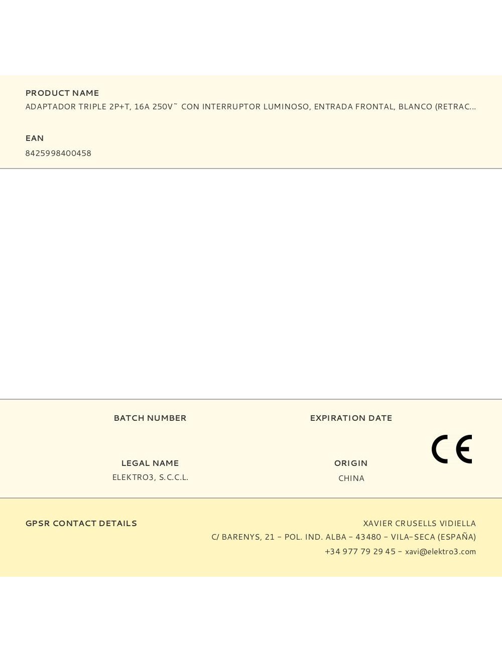 Adaptador triple 2p+t, 16a 250v~ con interruptor luminoso, entrada frontal, blanco (retractilado)