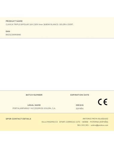 Clavija triple bipolar 16a 250v 4mm 3680w blanco. solera 15097.