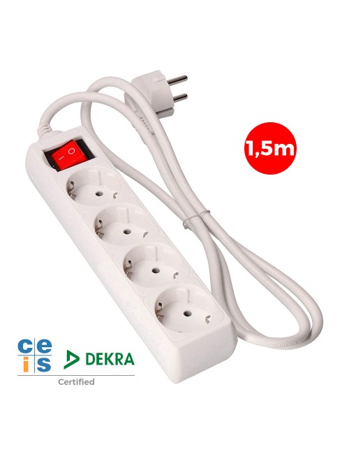 Base múltiple 4 tomas 2p+t con interruptor luminoso, 16 a 250 v~ 1,5 m de cable h05vv-f 3 g 1,5 mm blanca